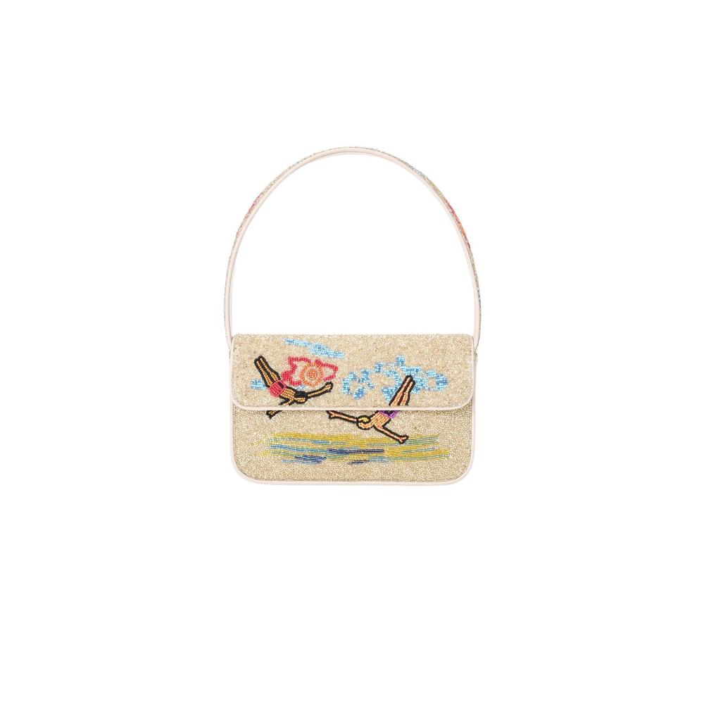 STAUD Embroidered Cream Shoulder Bag